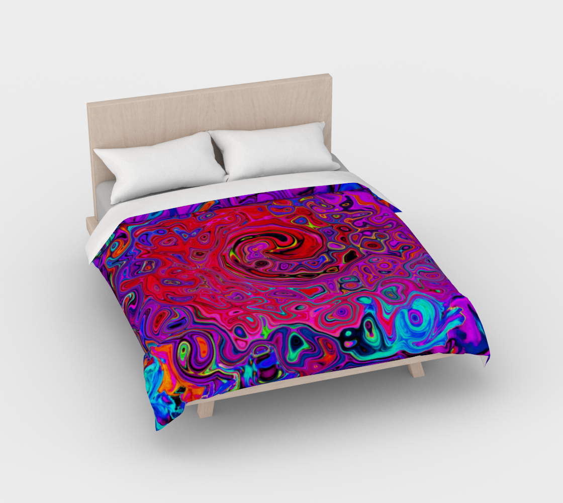 Artsy Duvet Covers, Trippy Red and Purple Abstract Retro Liquid Swirl