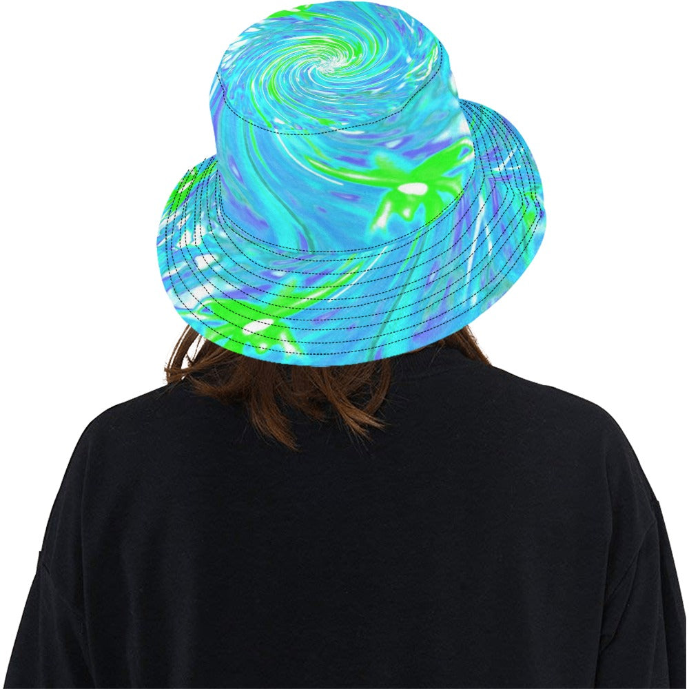 Bucket Hats - Cool Abstract Retro Aqua and Lime Green Floral Swirl