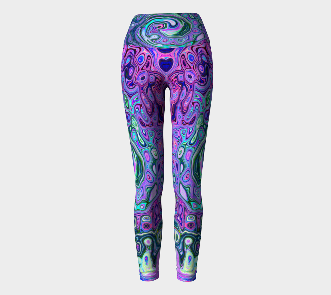 Artsy Yoga Leggings, Groovy Abstract Retro Green and Purple Swirl