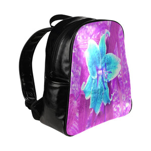 Backpack, Pretty Aqua Blue Stargazer Lily on Purple - Faux Leather
