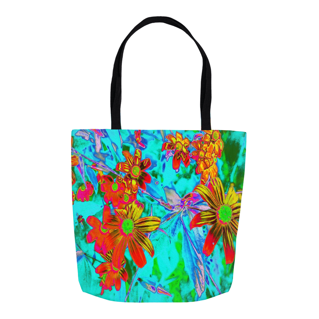 Tote Bags, Aqua Tropical with Yellow and Orange Flowers