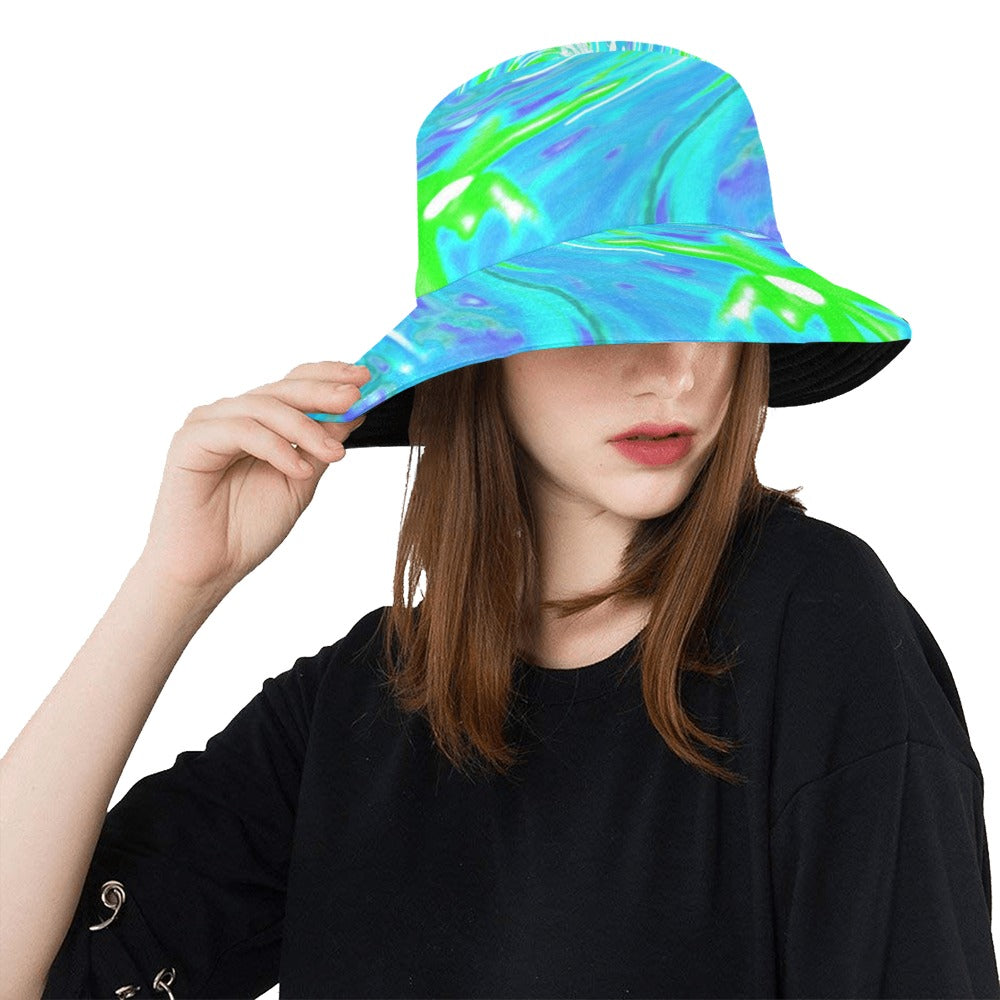 Bucket Hats - Cool Abstract Retro Aqua and Lime Green Floral Swirl