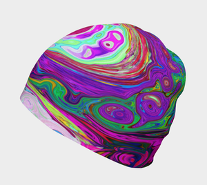 Beanie Hats, Groovy Abstract Retro Magenta Rainbow Swirl