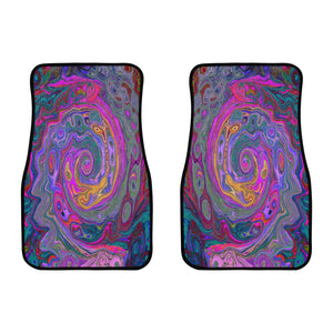 Car Floor Mats, Retro Magenta, Green and Orange Abstract Swirl - Front Set of Two