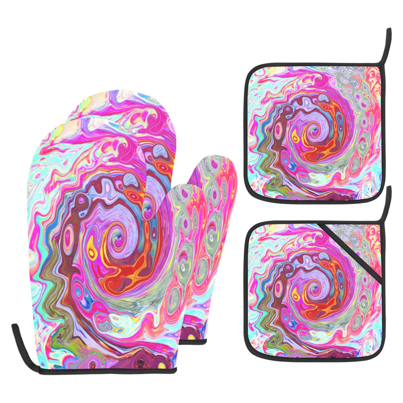 Oven Mitts with Pot Holders Set, Groovy Abstract Retro Hot Pink and Blue Swirl