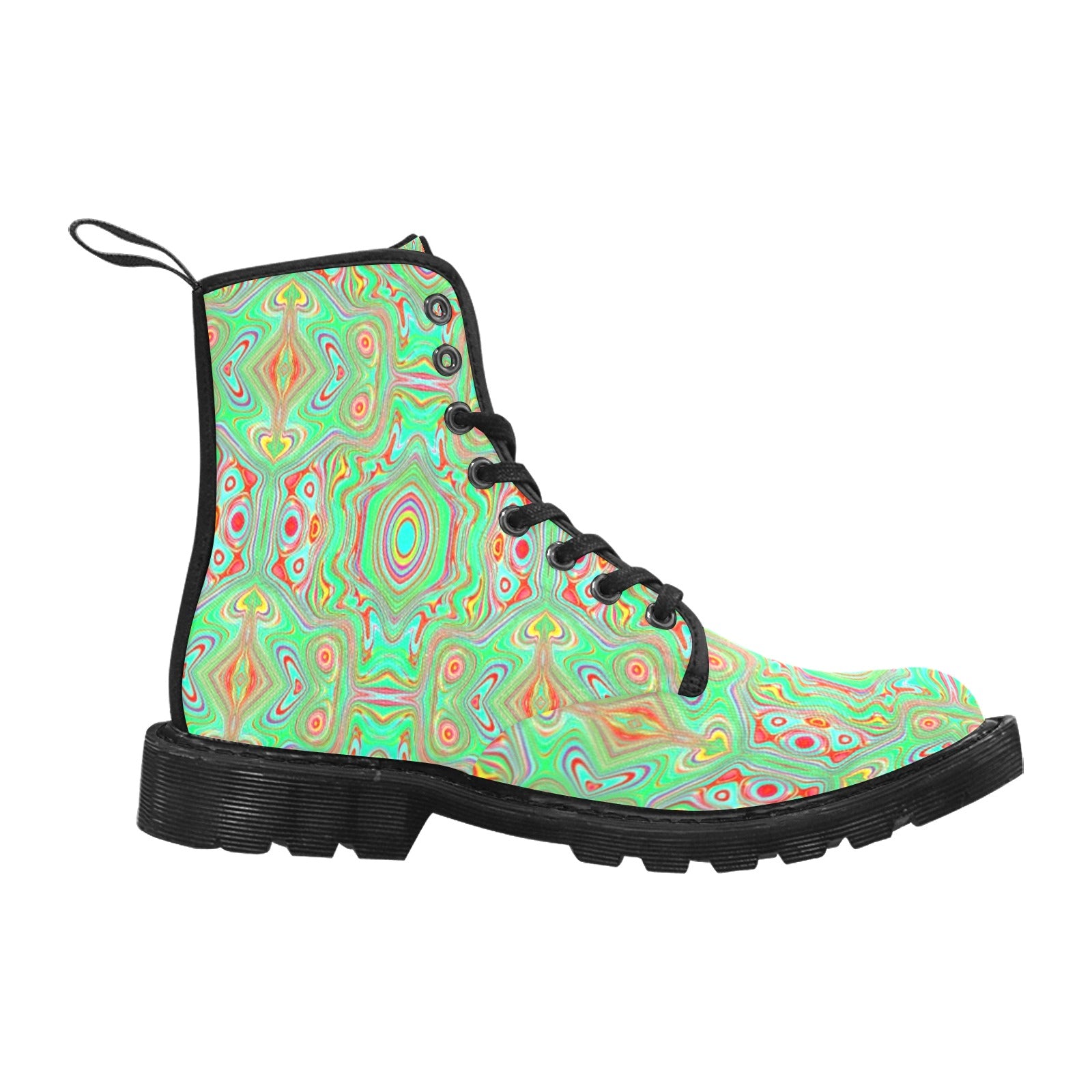 Boots for Women, Trippy Retro Orange and Lime Green Abstract Pattern - Black