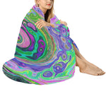 Round Throw Blankets, Groovy Abstract Aqua and Navy Lava Swirl