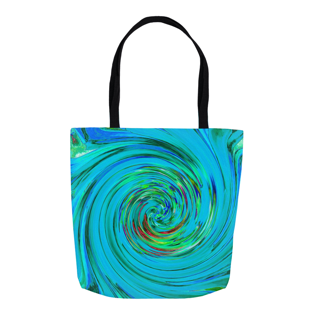 Tote Bags, Dramatic Blue and Chartreuse Abstract Retro Twirl