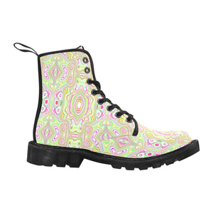 Boots for Women, Trippy Retro Pink and Lime Green Abstract Pattern - Black