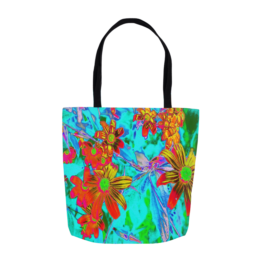 Tote Bags, Aqua Tropical with Yellow and Orange Flowers