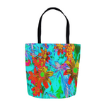 Tote Bags, Aqua Tropical with Yellow and Orange Flowers