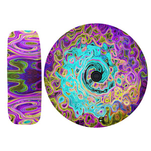 Spare Tire Cover with Backup Camera Hole - Icy Aqua Blue Groovy Abstract Retro Liquid Swirl - Small