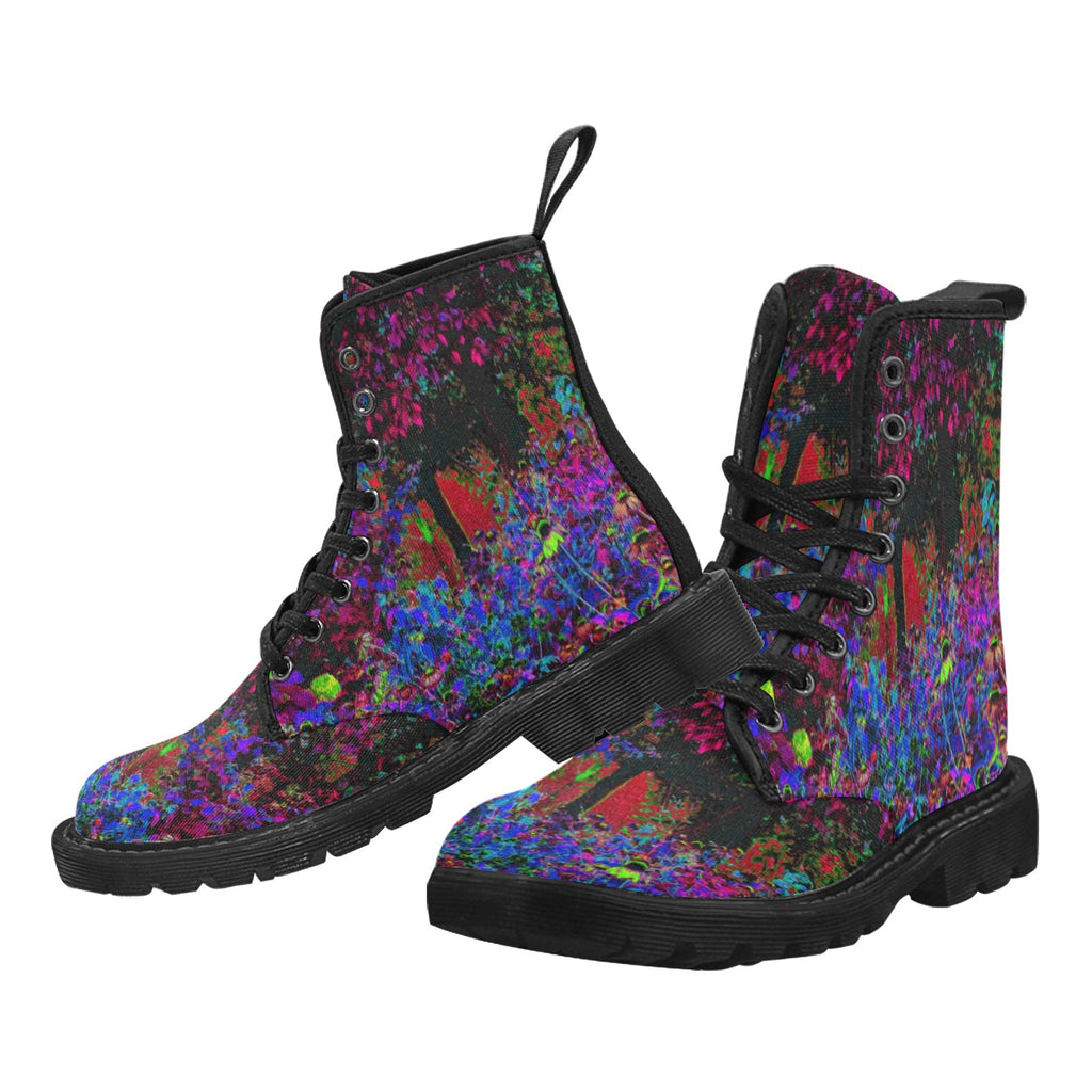 Boots for Women, Psychedelic Crimson Red and Black Garden Sunrise - Black