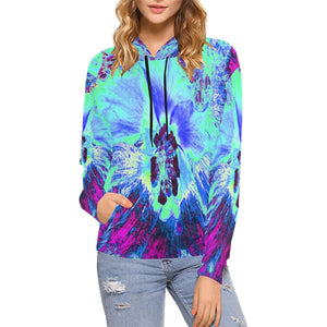 Hoodies for Women, Psychedelic Retro Green and Blue Hibiscus Flower