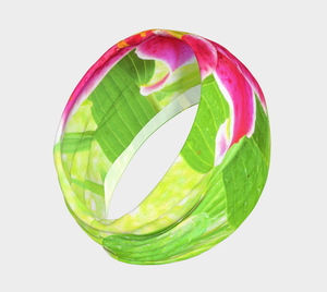 Wide Fabric Headband, Pretty Deep Pink Stargazer Lily on Lime Green, Face Covering
