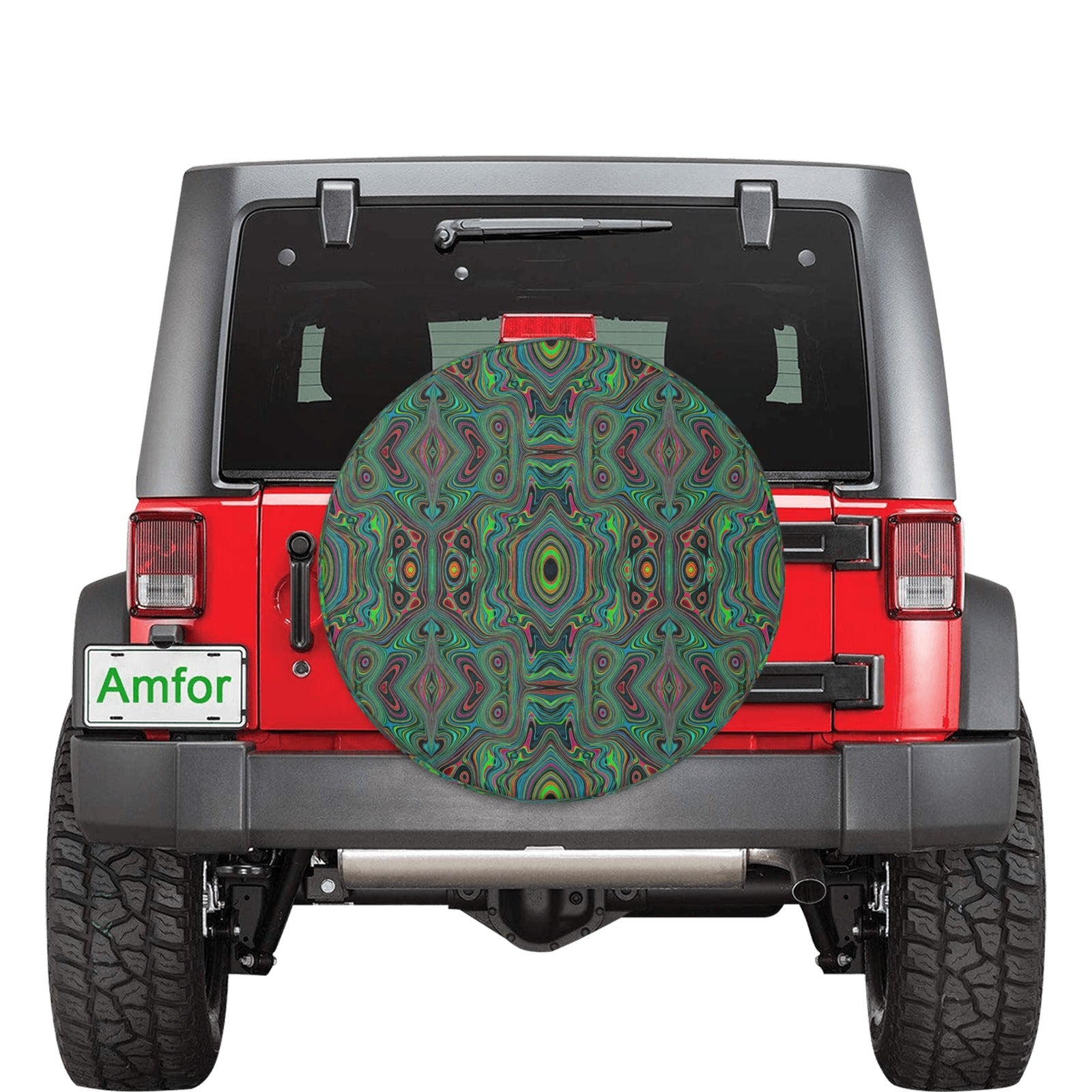 Spare Tire Covers, Trippy Retro Black and Lime Green Abstract Pattern - Medium