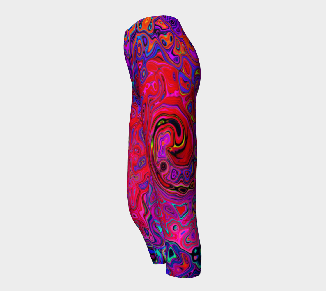 Artsy Capri Leggings, Trippy Red and Purple Abstract Retro Liquid Swirl
