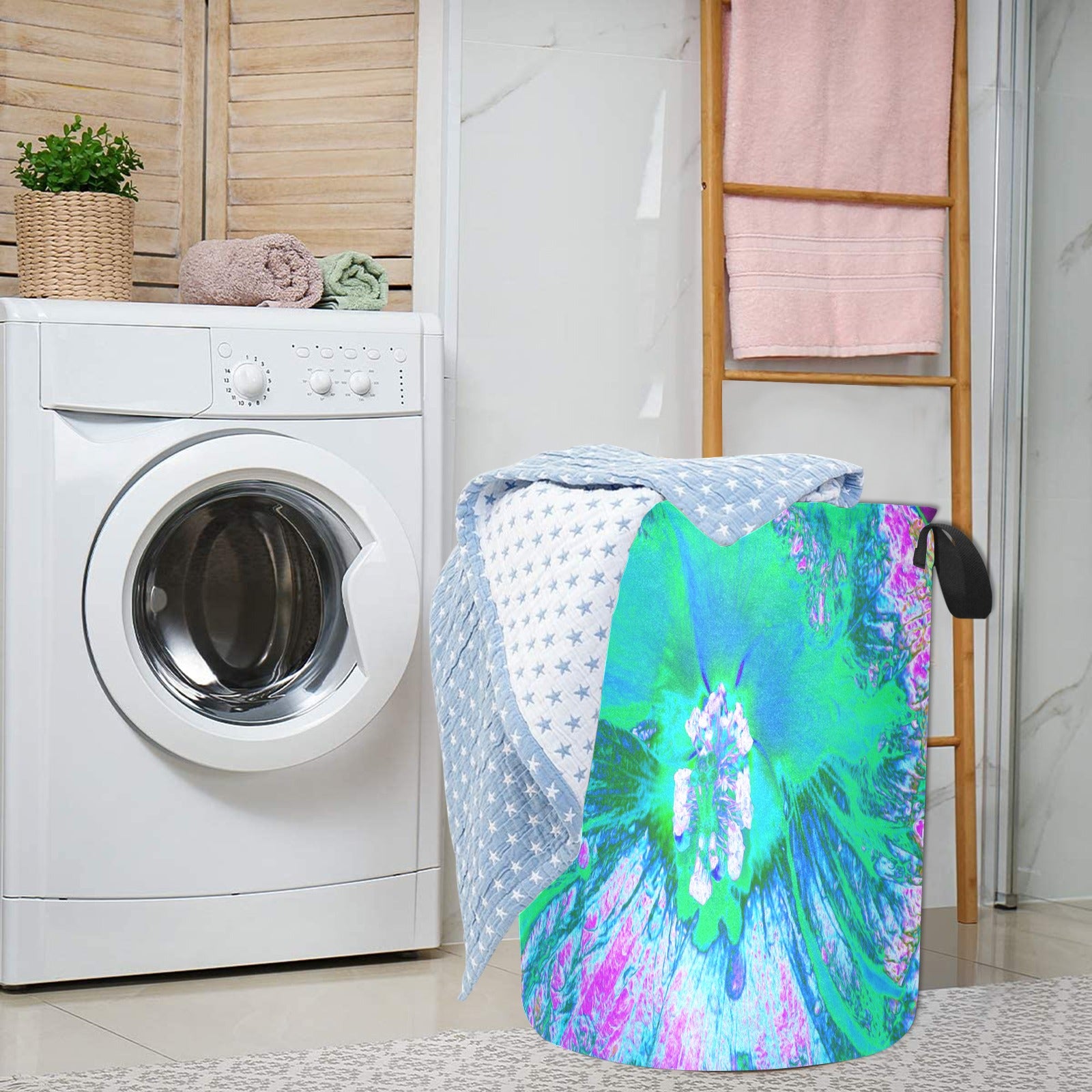 Fabric Laundry Basket with Handles, Psychedelic Retro Green and Hot Pink Hibiscus Flower