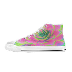 High Top Sneakers for Women, Lime Green and Pink Succulent Sedum Rosette - White