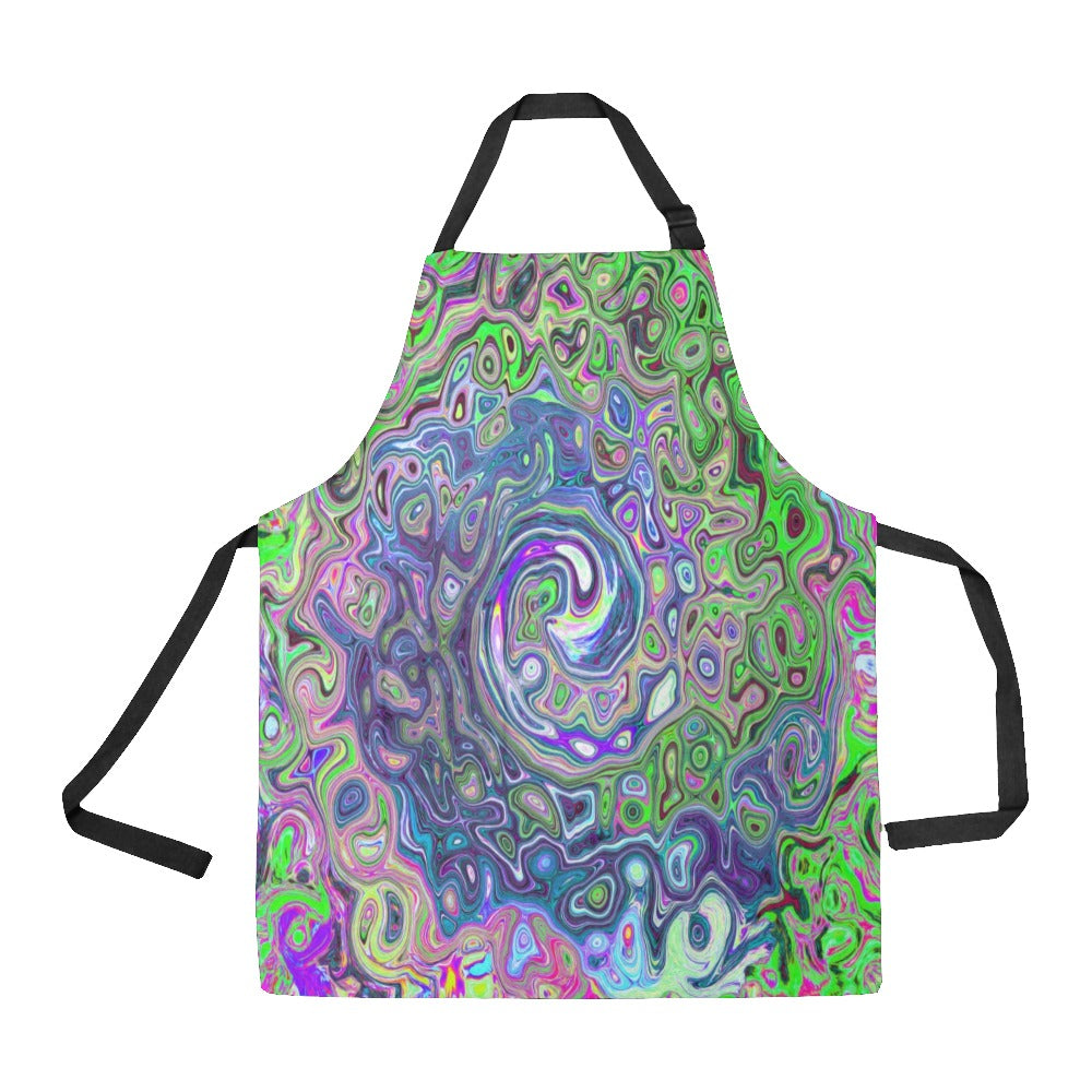 Apron with Pockets, Marbled Lime Green and Purple Abstract Retro Swirl