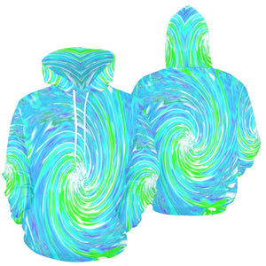 Hoodies for Women, Cool Abstract Retro Aqua and Lime Green Floral Swirl