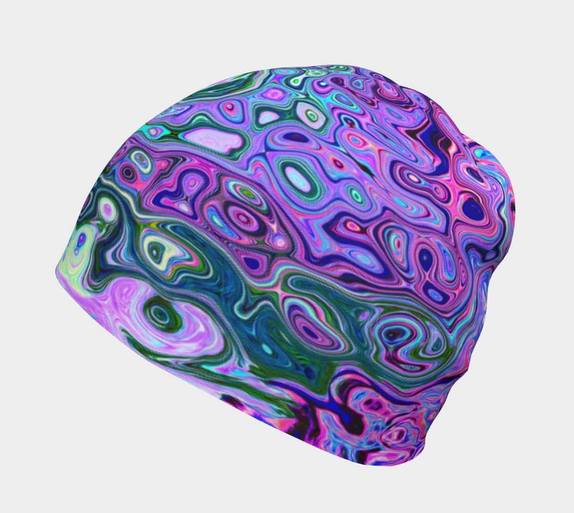 Beanie Hat, Groovy Abstract Retro Green and Purple Liquid Swirl