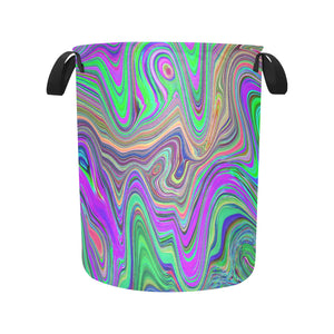 Fabric Laundry Basket with Handles, Trippy Lime Green and Purple Waves of Color
