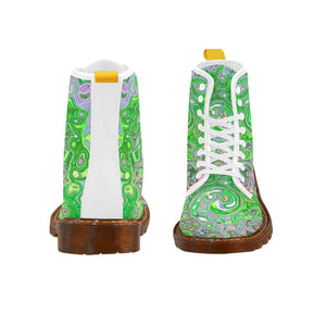 Boots for Women, Trippy Lime Green and Pink Abstract Retro Swirl - White