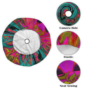 Spare Tire Cover with Backup Camera Hole - Trippy Turquoise Abstract Retro Liquid Swirl - Medium