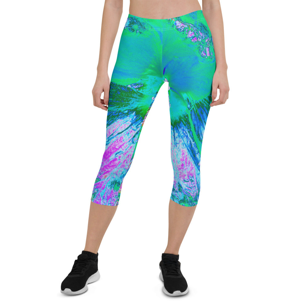 Capri Leggings for Women, Psychedelic Retro Green and Hot Pink Hibiscus Flower