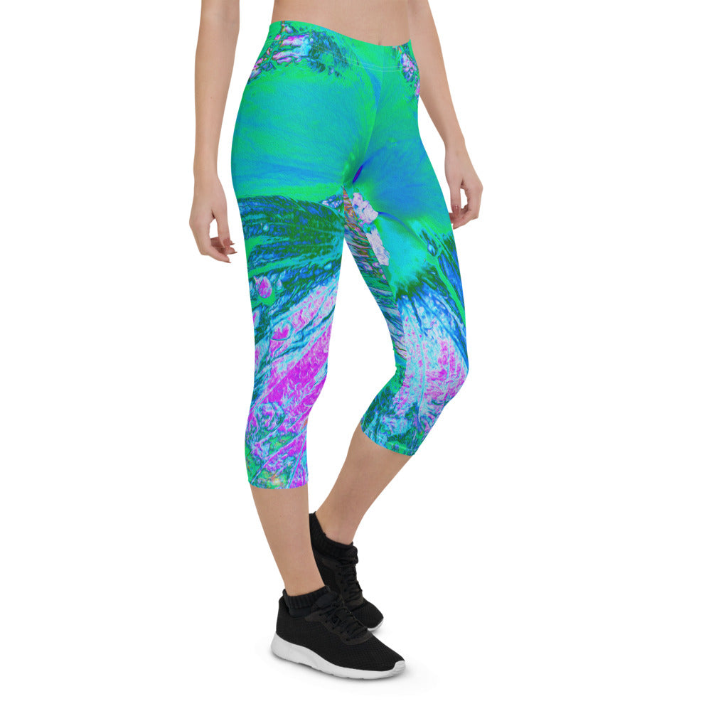 Capri Leggings for Women, Psychedelic Retro Green and Hot Pink Hibiscus Flower