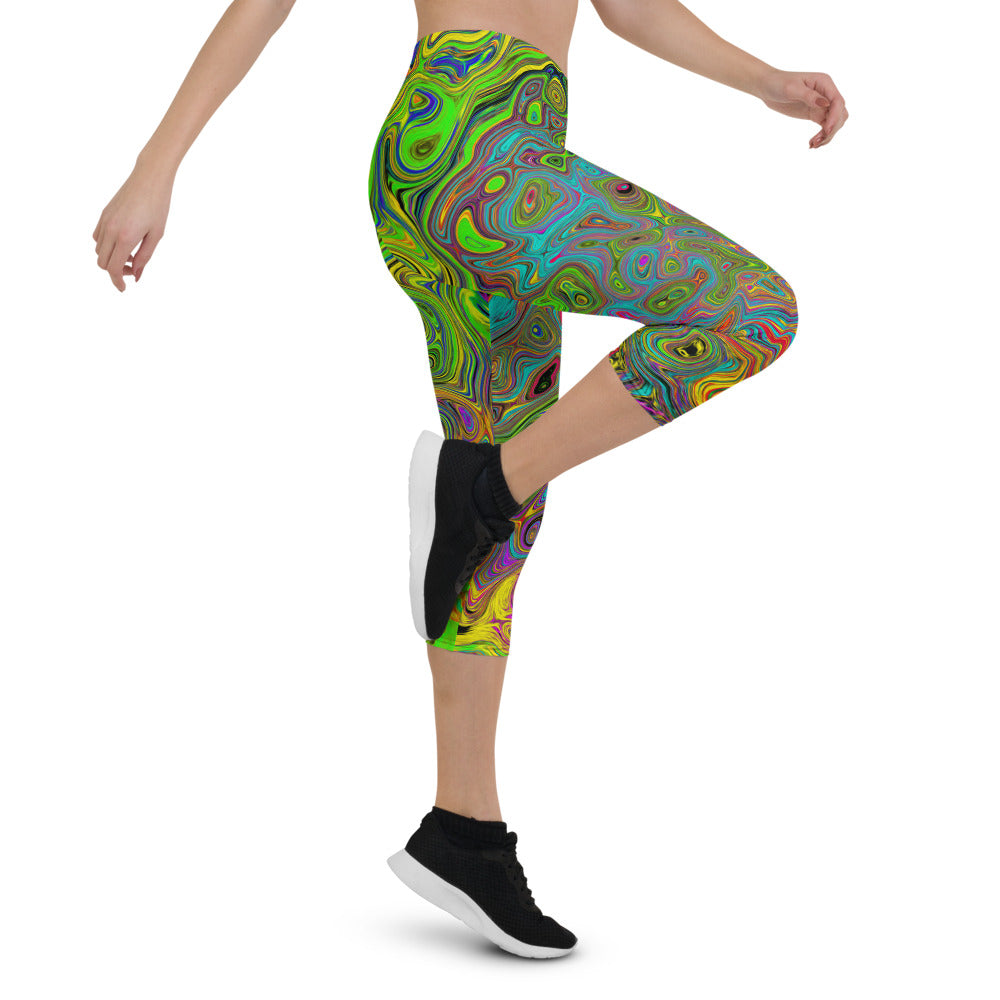 Capri Leggings, Groovy Abstract Retro Lime Green and Blue Swirl