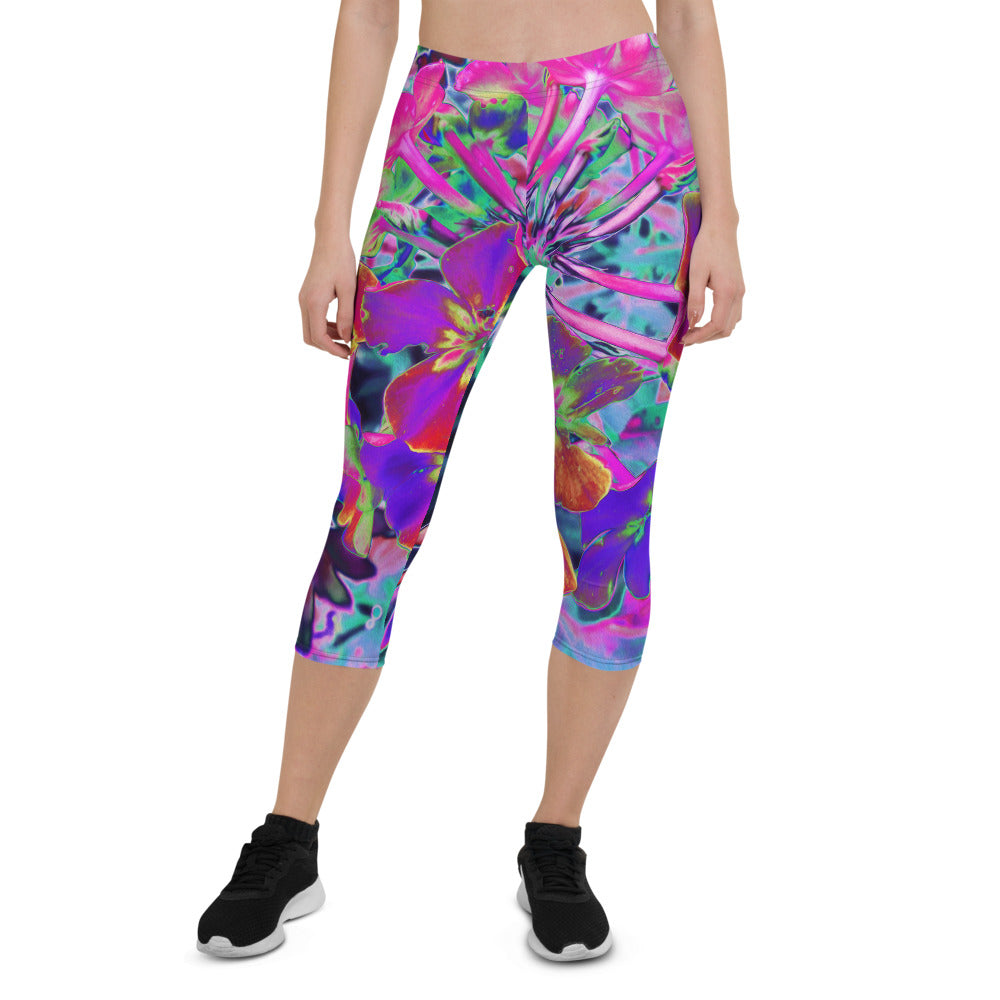 Capri Leggings, Dramatic Psychedelic Colorful Red and Purple Flowers