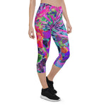 Capri Leggings, Dramatic Psychedelic Colorful Red and Purple Flowers