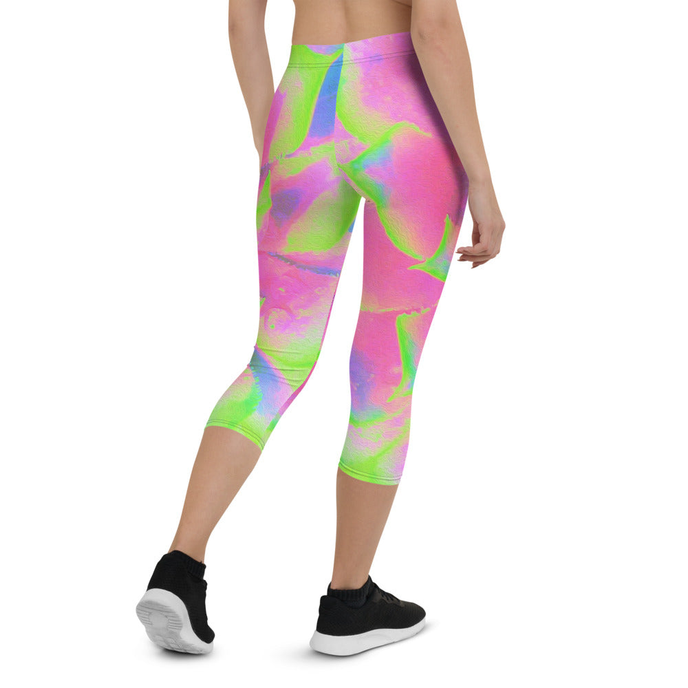 Capri Leggings for Women, Lime Green and Pink Succulent Sedum Rosette