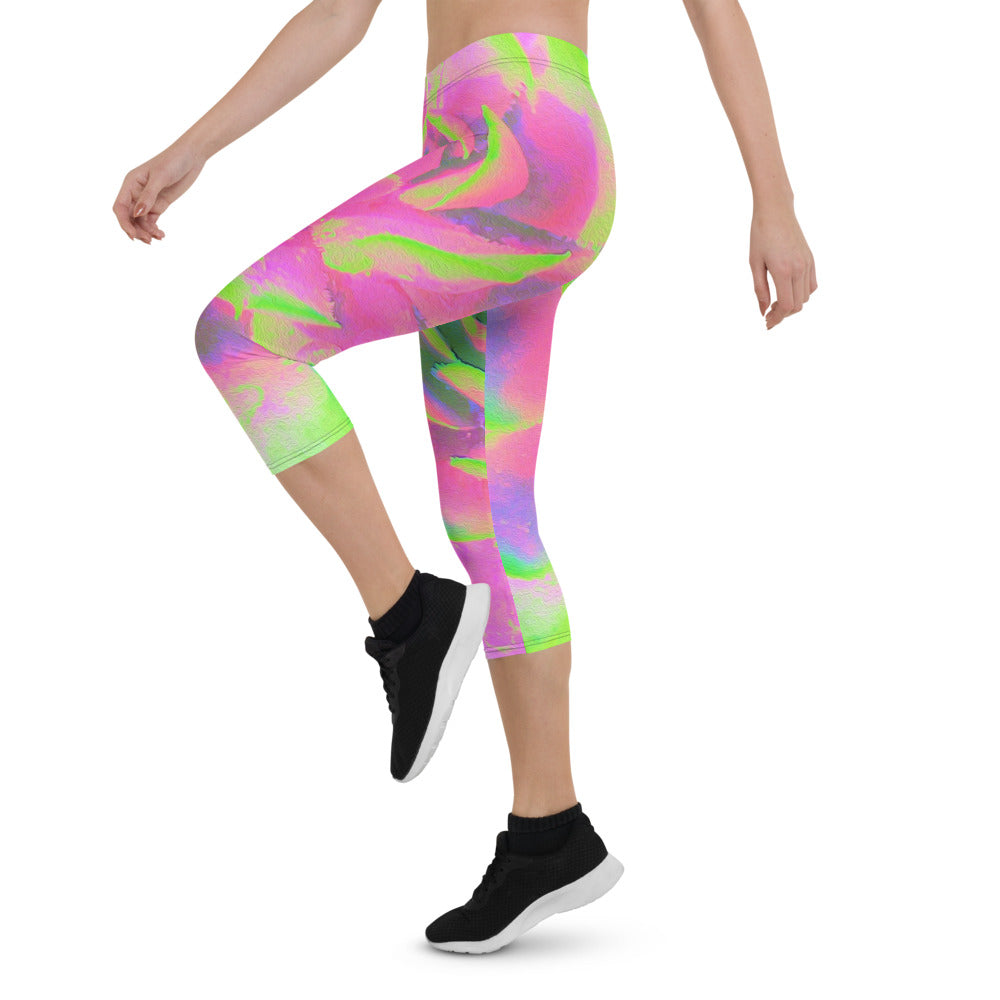 Capri Leggings for Women, Lime Green and Pink Succulent Sedum Rosette