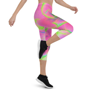 Capri Leggings for Women, Lime Green and Pink Succulent Sedum Rosette