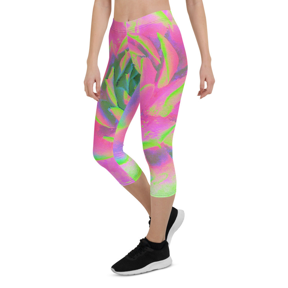 Capri Leggings for Women, Lime Green and Pink Succulent Sedum Rosette