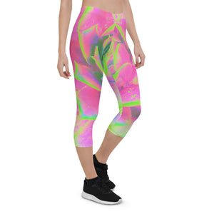 Capri Leggings for Women, Lime Green and Pink Succulent Sedum Rosette