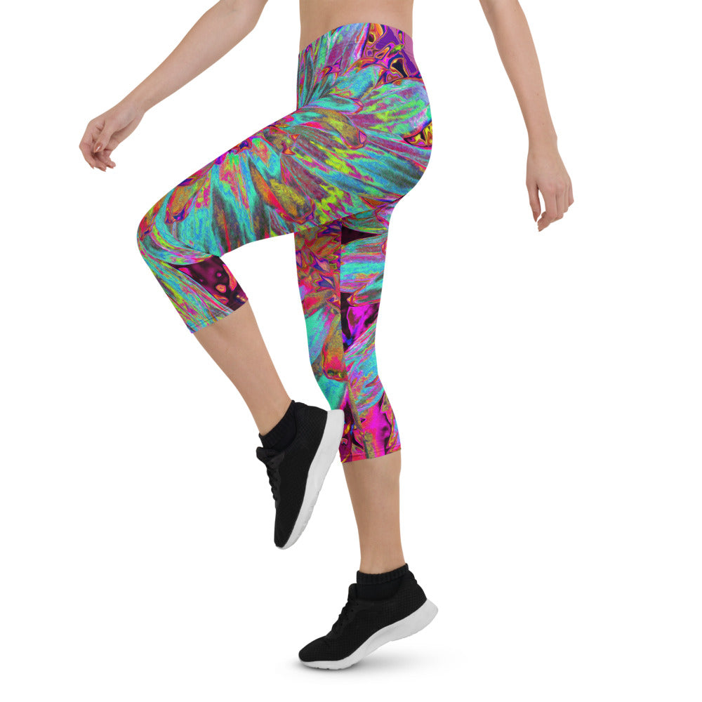 Capri Leggings for Women, Psychedelic Teal Blue Abstract Decorative Dahlia