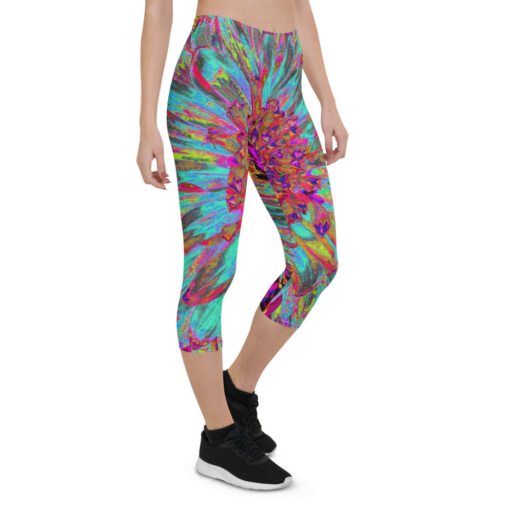 Capri Leggings for Women, Psychedelic Teal Blue Abstract Decorative Dahlia