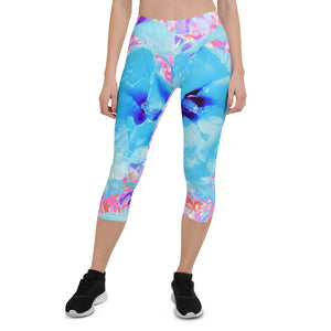 Capri Leggings for Women, Two Cool Blue Plum Crazy Hibiscus on Purple