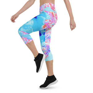 Capri Leggings for Women, Two Cool Blue Plum Crazy Hibiscus on Purple