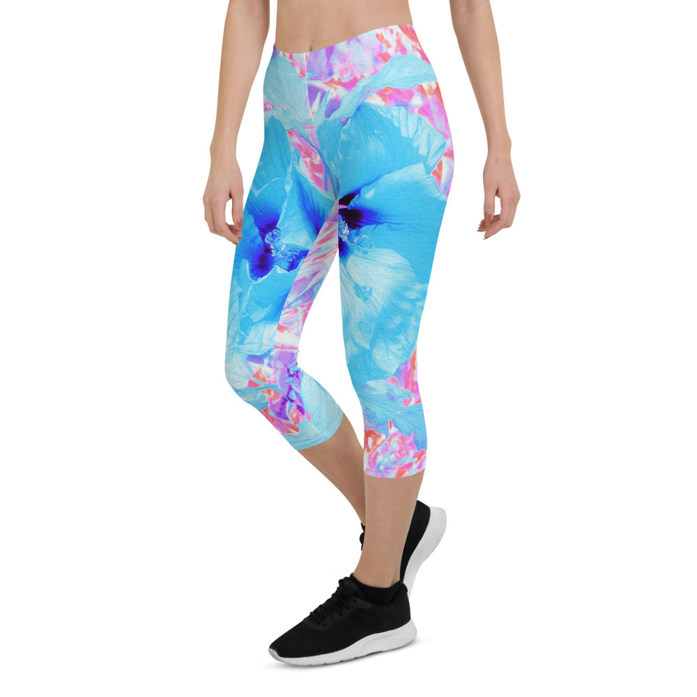 Capri Leggings for Women, Two Cool Blue Plum Crazy Hibiscus on Purple