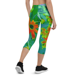 Capri Leggings for Women, Trippy Yellow and Red Wildflowers on Retro Blue