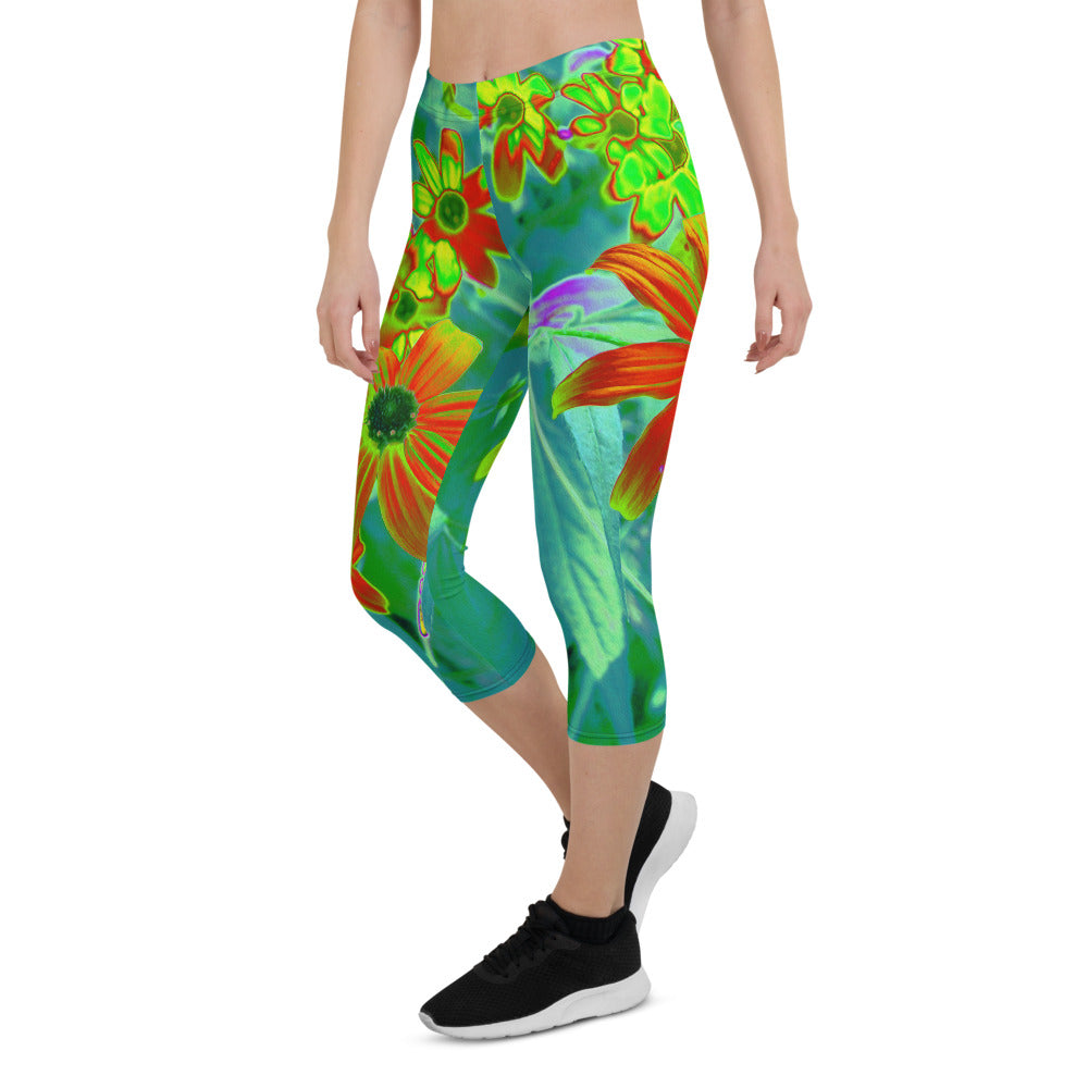 Capri Leggings for Women, Trippy Yellow and Red Wildflowers on Retro Blue