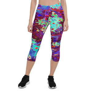 Capri Leggings for Women, Pretty Aqua Blue and Orange Flowers with Purple