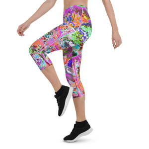 Capri Leggings for Women, Psychedelic Hot Pink and Lime Green Garden Flowers