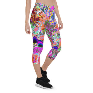 Capri Leggings for Women, Psychedelic Hot Pink and Lime Green Garden Flowers