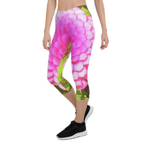 Capri Leggings for Women, Pretty Round Pink Zinnia in the Summer Garden